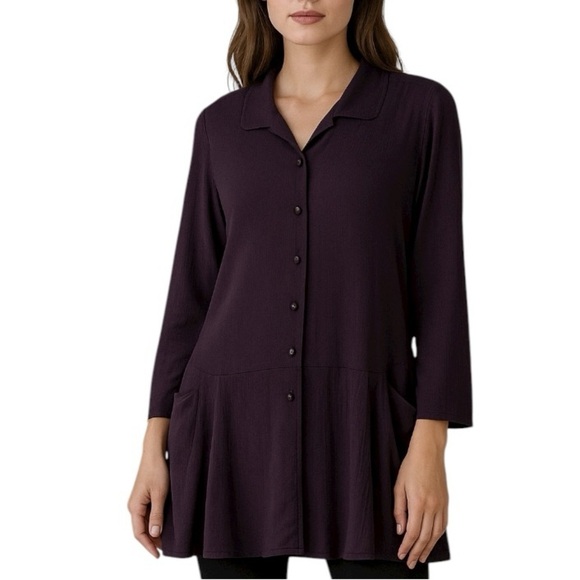 Flax Purple Crepe Button Front Tunic Top Pockets Lagenlook Artisan Blouse Small - Picture 2 of 13
